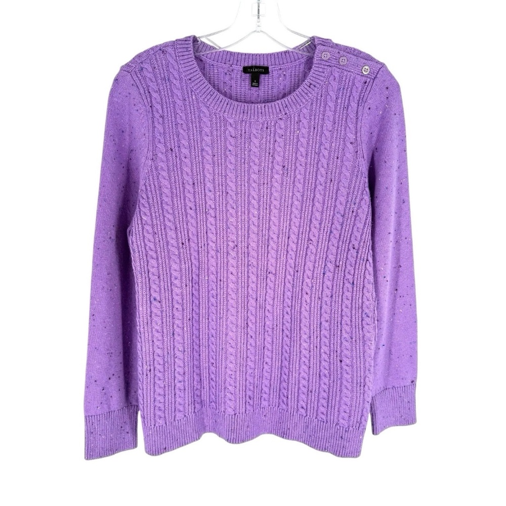 Talbots Cable Knit Sweater Womens Size Small Lavender Speckle Button Shoulder